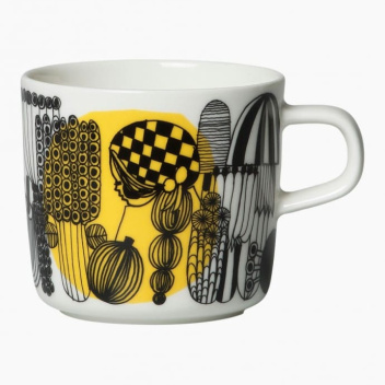 Kubek z porcelany z uchem 200 ml SIIRTOLAPUUTARHA Mug White-Black-Yellow by Marimekko