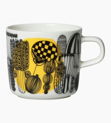 Kubek z porcelany z uchem 200 ml SIIRTOLAPUUTARHA Mug White-Black-Yellow by Marimekko