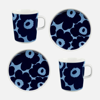 Komplet śniadaniowy z porcelany dla dwóch osób UNIKKO Breakfast Set 2-Mugs 2-Plates Light Blue-Dark Blue