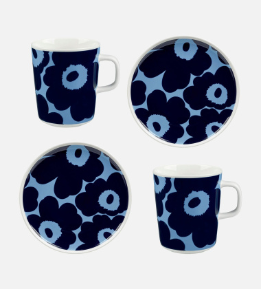 Komplet śniadaniowy z porcelany dla dwóch osób UNIKKO Breakfast Set 2-Mugs 2-Plates Light Blue-Dark Blue