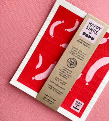 Szwedzka ścierka-gąbka do naczyń 17x20 HAPPY SiNKS x PAPU Dishcloth – Sausage Pink on Red