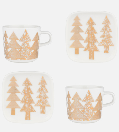 Komplet dwóch filiżanek 200 ml z talerzykami 10x10 cm KUUSIKOSSA Cup and Plate Set 2 White-Gold