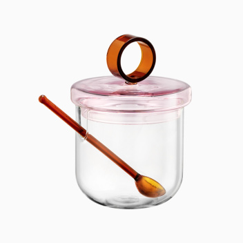Szklany wysoki pojemnik z pokrywą i łyżeczką 10xH14 LOOP SUGAR JAR with Lid and Spoon Clear-Pink-Amber