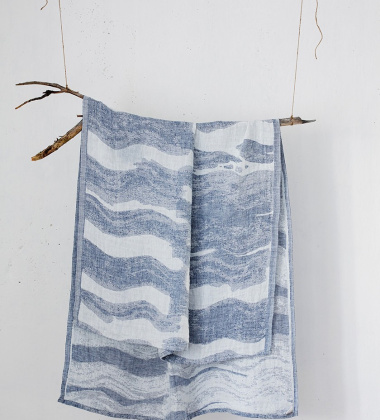 Ręcznik lniany kąpielowy Aallonmurtaja 95x180 Biało-Niebieski